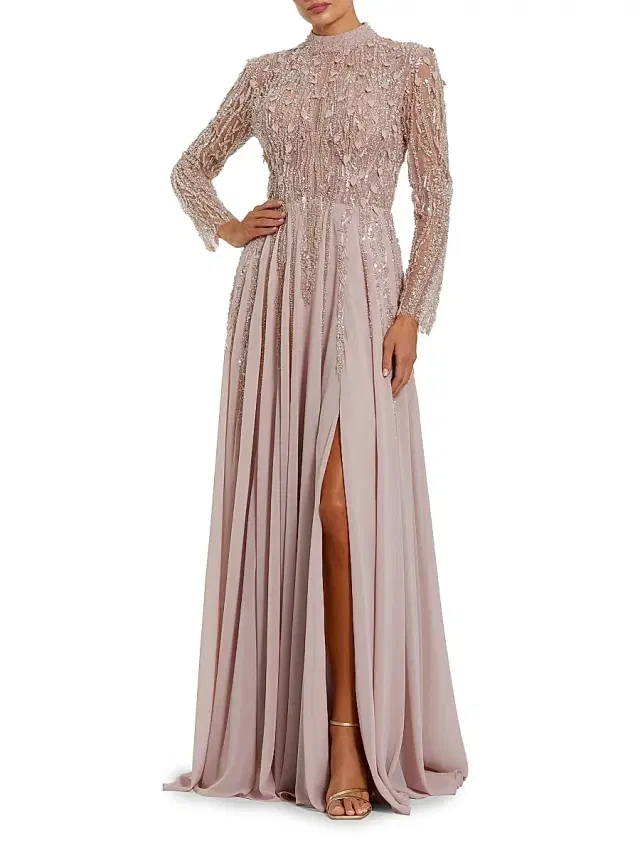 Women's Evening Embellished Satin Gown - Dusty Rose