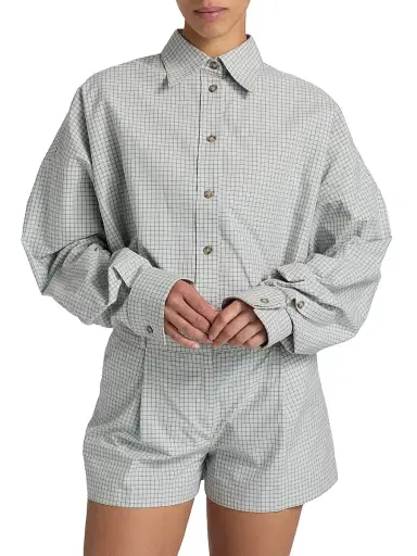 Brandon Maxwell Women's The Harvey Checked Cotton Boyfriend Shirt - Cool Grey - Size Small | Thumbnail 3