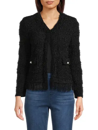 Misook Women's Eyelash Fringe-Trim Knit Jacket - Black | Thumbnail 3 Misook Women's Eyelash Fringe-Trim Knit Jacket - Black | Thumbnail 3