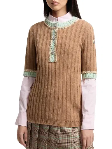 Moncler Women's Crew Neck Sweater in Wool and Cashmere - Camel Beige - Size Medium | Thumbnail 2