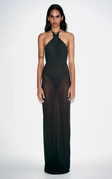 Alex Perry Cross Tie Halter Column In Power Mesh | Thumbnail 2