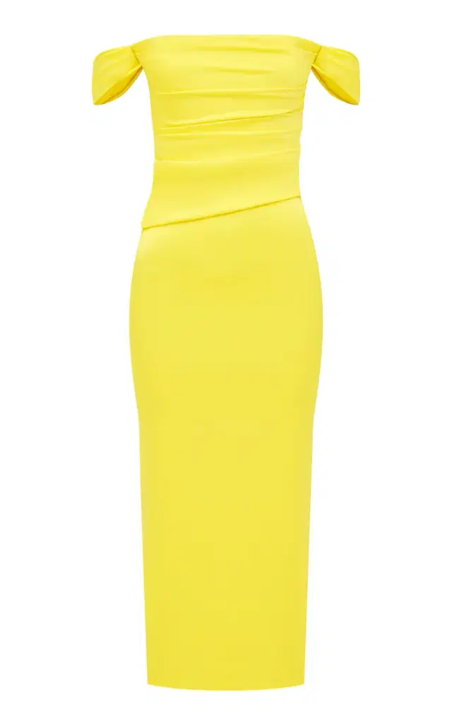 Alex Perry Off Shoulder Tucked Dress In Satin Crepe