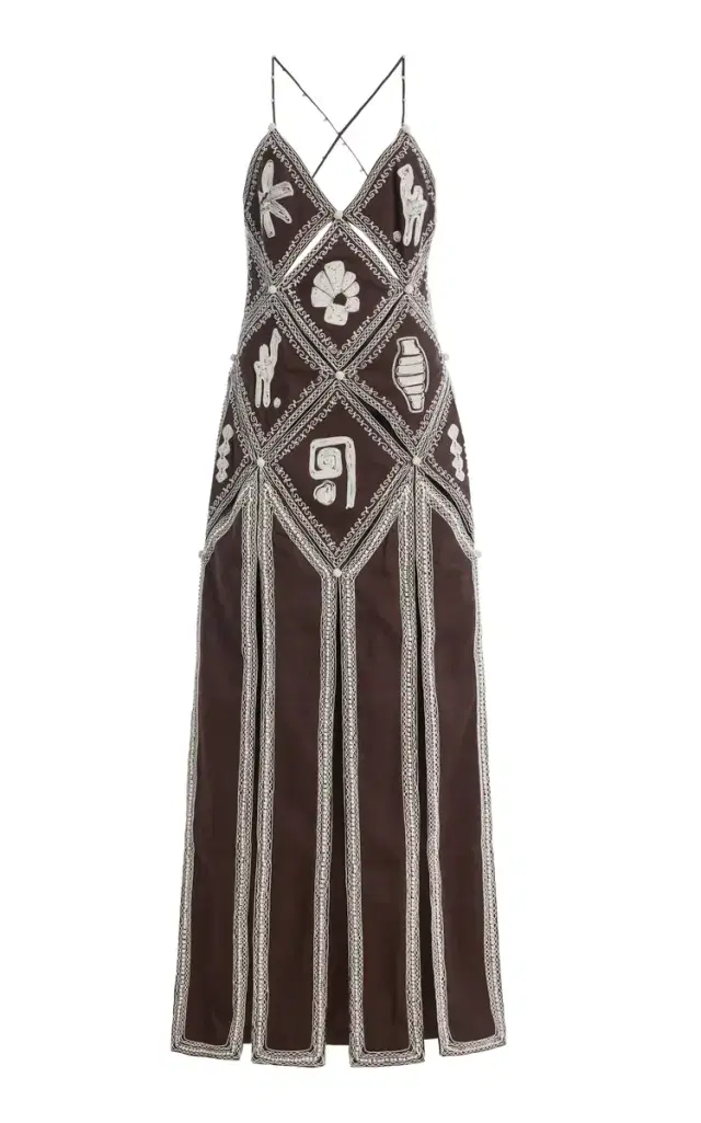 Leandra Embroidered Linen-Silk Midi Dress