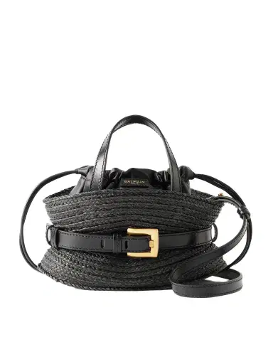Balmain Shuffle Mini Buckled Leather-trimmed Raffia Shoulder Bag | Thumbnail 1 Balmain Shuffle Mini Buckled Leather-trimmed Raffia Shoulder Bag | Thumbnail 1