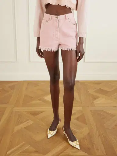 Valentino Garavani Frayed Embellished Cotton And Linen-blend Denim Shorts | Thumbnail 3 Valentino Garavani Frayed Embellished Cotton And Linen-blend Denim Shorts | Thumbnail 3
