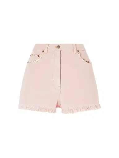 Valentino Garavani Frayed Embellished Cotton And Linen-blend Denim Shorts | Thumbnail 1 Valentino Garavani Frayed Embellished Cotton And Linen-blend Denim Shorts | Thumbnail 1