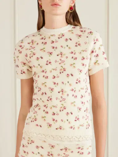 Magda Butrym Lace-trimmed Floral-print Ribbed Wool, Silk And Cashmere-blend T-shirt | Thumbnail 3