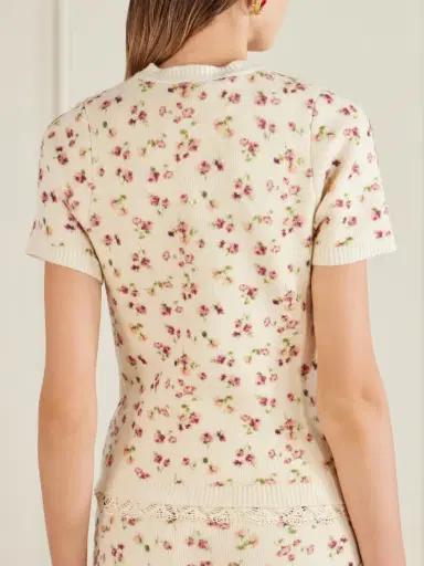 Magda Butrym Lace-trimmed Floral-print Ribbed Wool, Silk And Cashmere-blend T-shirt | Thumbnail 4