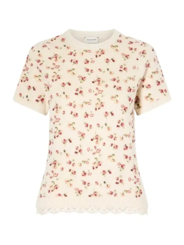 Lace-trimmed Floral-print Ribbed Wool, Silk And Cashmere-blend T-shirt