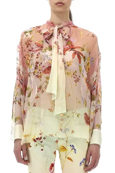Roberto Cavalli Miami Flowers Print Tie Neck Blouse | Thumbnail 2