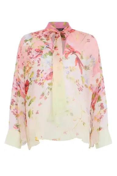 Roberto Cavalli Miami Flowers Print Tie Neck Blouse | Thumbnail 1