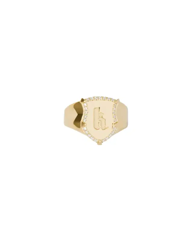Jennifer Fisher Personalized Mini Classic Shield Ring with Pave White Diamonds in 18K Yellow Gold