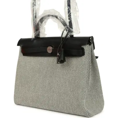 HERMÈS Hermes Herbag Zip PM 31 Black Vache Hunter and Ecru-Black Criss Viking Canvas Palladium Hardware | Thumbnail 4 HERMÈS Hermes Herbag Zip PM 31 Black Vache Hunter and Ecru-Black Criss Viking Canvas Palladium Hardware | Thumbnail 4