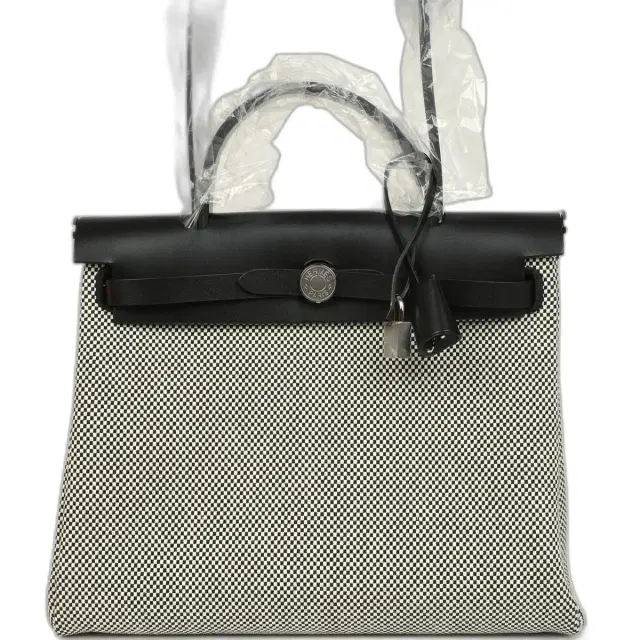 hermes Hermes Herbag Zip PM 31 Black Vache Hunter and Ecru-Black Criss Viking Canvas Palladium Hardware