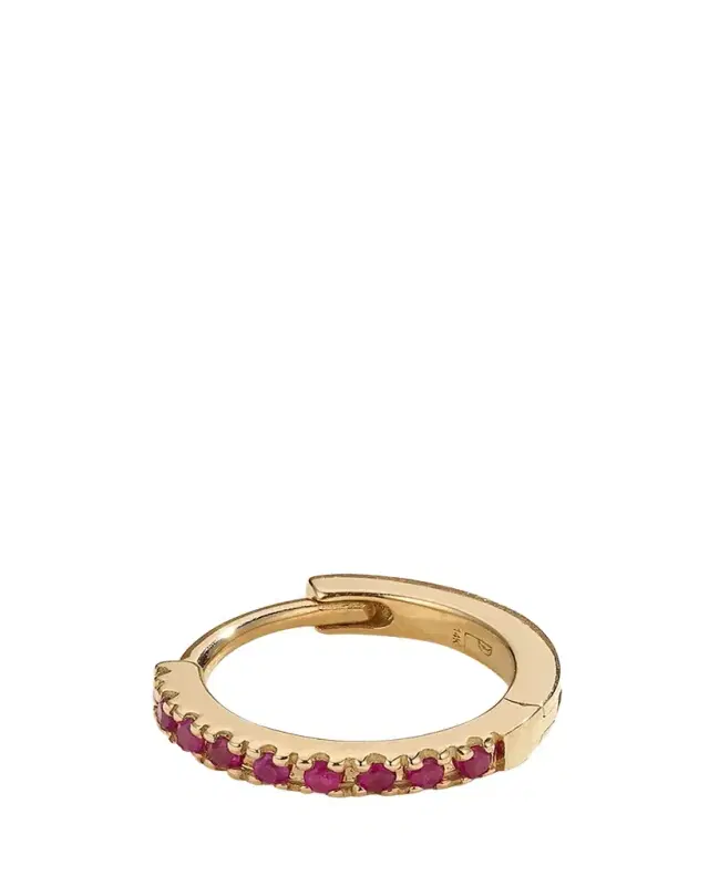 14k Yellow Gold Pave Ruby 8mm Huggie Hoop Earring, Single