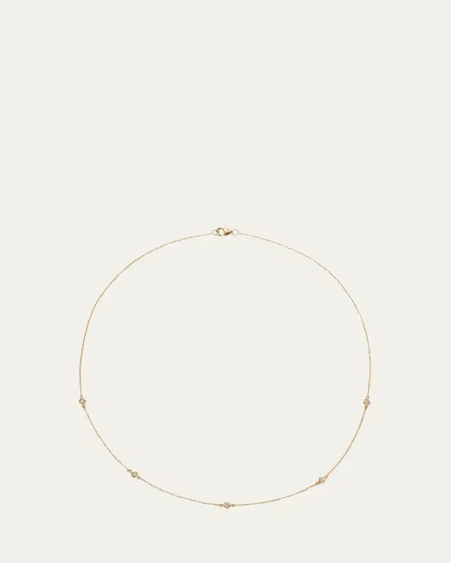 14K Yellow Gold Station Necklace with Rolo Chain and White Diamonds, 15"L