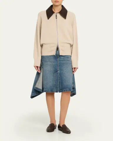 Brandon Maxwell Conrad Leather-Collar Cashmere Zip Cardigan | Thumbnail 2