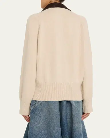 Brandon Maxwell Conrad Leather-Collar Cashmere Zip Cardigan | Thumbnail 3
