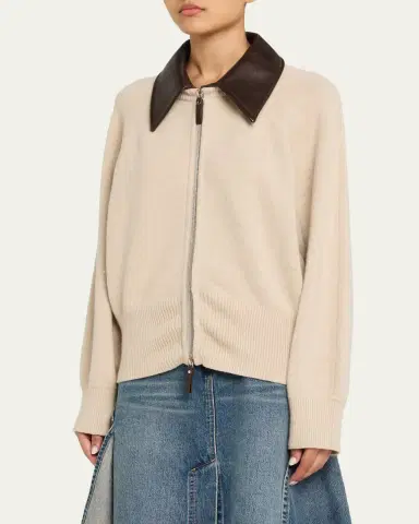 Brandon Maxwell Conrad Leather-Collar Cashmere Zip Cardigan | Thumbnail 4