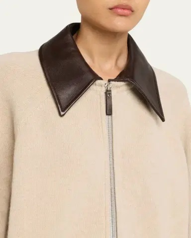 Brandon Maxwell Conrad Leather-Collar Cashmere Zip Cardigan | Thumbnail 5