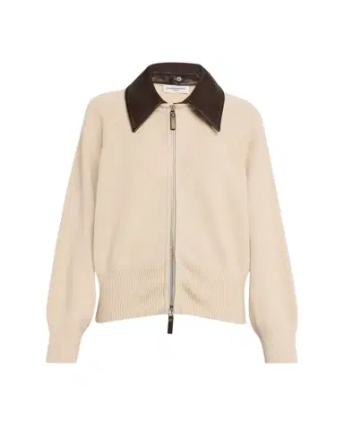 Brandon Maxwell Conrad Leather-Collar Cashmere Zip Cardigan | Thumbnail 1