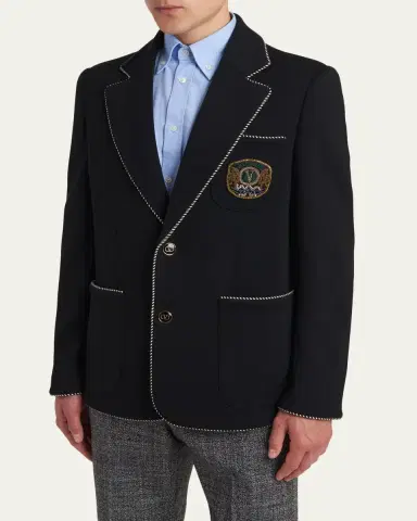 Valentino Garavani Men's Valentino Single Breasted Wool Jacket with Logo Patch | Thumbnail 4