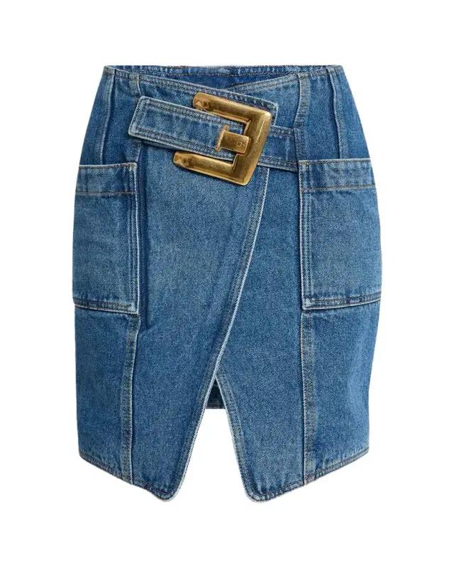 Belted Wrap Denim Mini Skirt