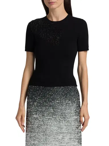 Oscar de la Renta Women's Beaded Feather-Embroidered Short-Sleeve Sweater | Thumbnail 3 Oscar de la Renta Women's Beaded Feather-Embroidered Short-Sleeve Sweater | Thumbnail 3