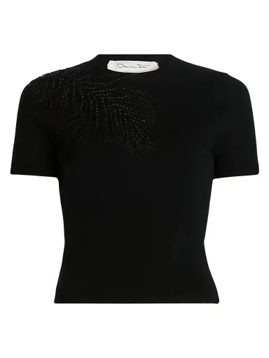 Oscar de la Renta Women's Beaded Feather-Embroidered Short-Sleeve Sweater | Thumbnail 1 Oscar de la Renta Women's Beaded Feather-Embroidered Short-Sleeve Sweater | Thumbnail 1