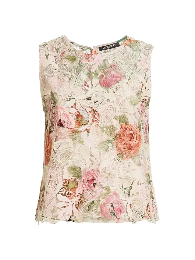 Ungaro Women's Remy Rose-Print Lace Blouse - Cashew Multi