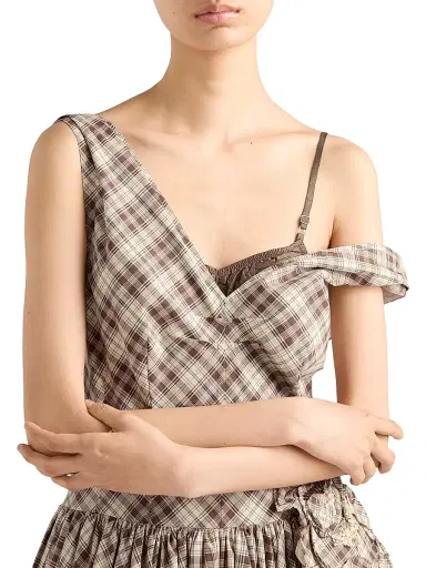 Prada Women's Embroidered Checked Poplin Dress - Beige Khaki - Size 8 | Thumbnail 5 Prada Women's Embroidered Checked Poplin Dress - Beige Khaki - Size 8 | Thumbnail 5