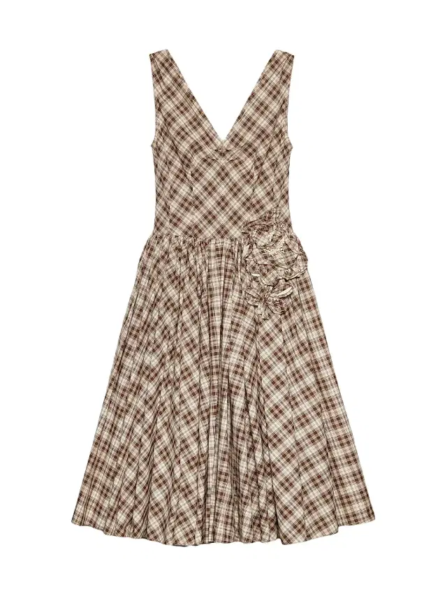 Women's Embroidered Checked Poplin Dress - Beige Khaki