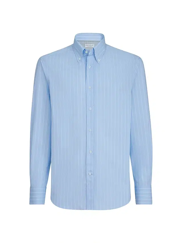 Men's Striped Poplin Slim Fit Shirt with Button Down Collar - Azure