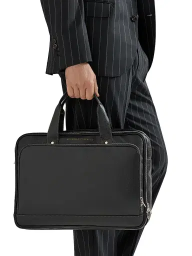 Brunello Cucinelli Men's Grained Calfskin Briefcase with Zipper | Thumbnail 2 Brunello Cucinelli Men's Grained Calfskin Briefcase with Zipper | Thumbnail 2