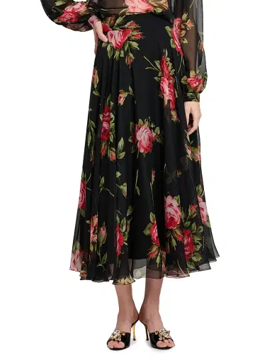Dolce & Gabbana Women's Floral Silk Midi-Skirt - Bouquet Rose F Nero - Size 8 | Thumbnail 3