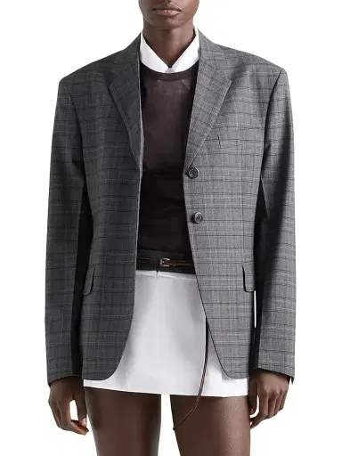 Prada Women's Single-Breasted Prince of Wales Checked Wool Jacket - Dark Grey - Size 6 | Thumbnail 2
