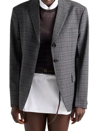Prada Women's Single-Breasted Prince of Wales Checked Wool Jacket - Dark Grey - Size 6 | Thumbnail 6