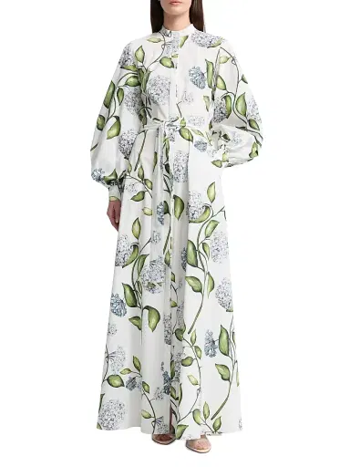 Oscar de la Renta Women's Porcelain Flowers Poplin Balloon-Sleeve Maxi Dress - Denim White | Thumbnail 2 Oscar de la Renta Women's Porcelain Flowers Poplin Balloon-Sleeve Maxi Dress - Denim White | Thumbnail 2