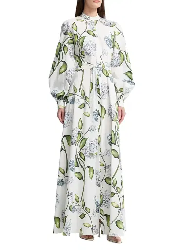 Oscar de la Renta Women's Porcelain Flowers Poplin Balloon-Sleeve Maxi Dress - Denim White | Thumbnail 3 Oscar de la Renta Women's Porcelain Flowers Poplin Balloon-Sleeve Maxi Dress - Denim White | Thumbnail 3