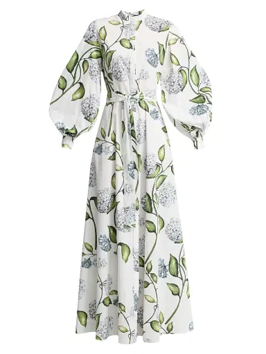 Oscar de la Renta Women's Porcelain Flowers Poplin Balloon-Sleeve Maxi Dress - Denim White | Thumbnail 1 Oscar de la Renta Women's Porcelain Flowers Poplin Balloon-Sleeve Maxi Dress - Denim White | Thumbnail 1