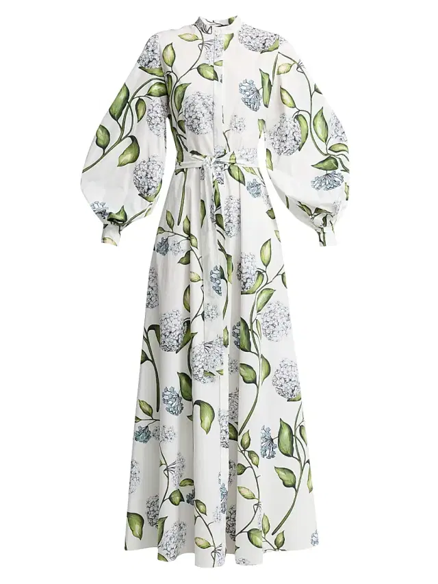 Women's Porcelain Flowers Poplin Balloon-Sleeve Maxi Dress - Denim White