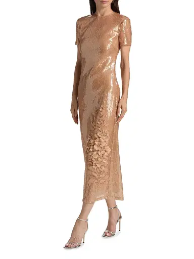 Oscar de la Renta Women's Floral-Appliqué Sequined Short-Sleeve Cocktail Dress - Beige | Thumbnail 2 Oscar de la Renta Women's Floral-Appliqué Sequined Short-Sleeve Cocktail Dress - Beige | Thumbnail 2