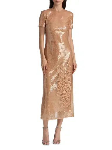 Oscar de la Renta Women's Floral-Appliqué Sequined Short-Sleeve Cocktail Dress - Beige | Thumbnail 3 Oscar de la Renta Women's Floral-Appliqué Sequined Short-Sleeve Cocktail Dress - Beige | Thumbnail 3