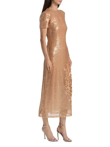 Oscar de la Renta Women's Floral-Appliqué Sequined Short-Sleeve Cocktail Dress - Beige | Thumbnail 4 Oscar de la Renta Women's Floral-Appliqué Sequined Short-Sleeve Cocktail Dress - Beige | Thumbnail 4