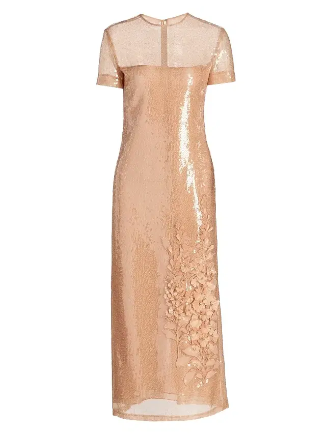 Women's Floral-Appliqué Sequined Short-Sleeve Cocktail Dress - Beige