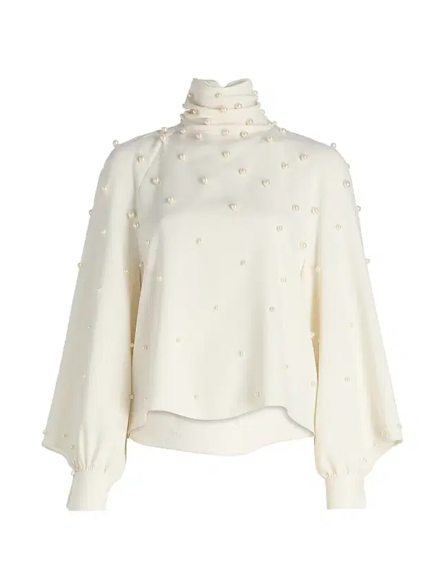 Women's Imitation Pearl-Embellished Silk-Blend Georgette Blouse -