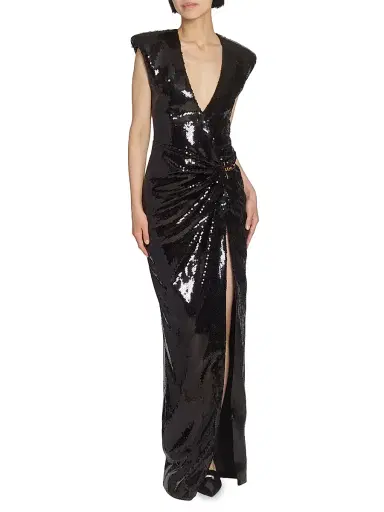 Balmain Women's Sequined V-Neck Gown - Noir | Thumbnail 3 Balmain Women's Sequined V-Neck Gown - Noir | Thumbnail 3