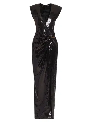 Balmain Women's Sequined V-Neck Gown - Noir | Thumbnail 1 Balmain Women's Sequined V-Neck Gown - Noir | Thumbnail 1