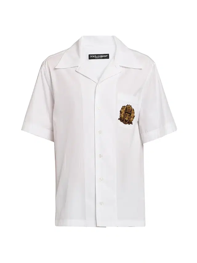Dolce & Gabbana Men's Logo Seal-Embroidered Cotton Poplin Short-Sleeve Shirt - Bianco Ottico