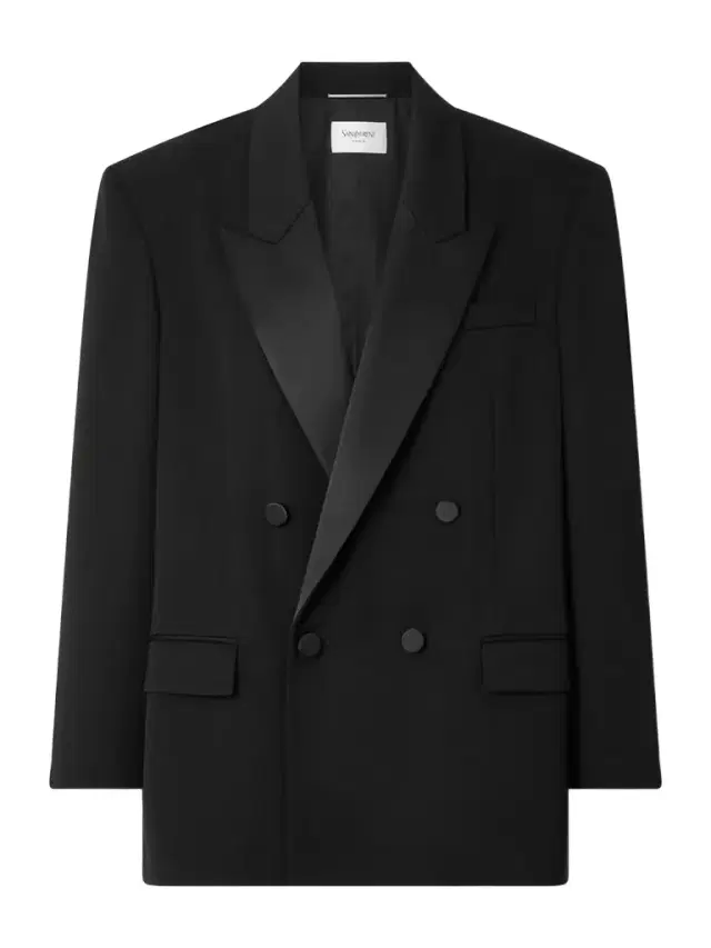 Double-breasted Satin-trimmed Grain De Poudre Wool Blazer